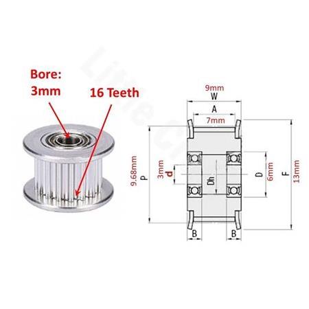 GT2 6mm Avare Kasnak / Rulmanlı Kasnak - 3mm 16 Dişli